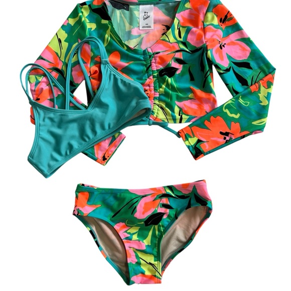 Art Class Green and Pink Bikini Set Vibrant Floral Design Girls Size 8 - Picture 1 of 4